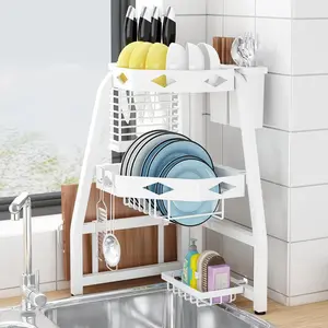 Folding Dish Drying Rack, 2-Tier Metal Corner Drain Rack for Kitchen Sink with Sponge Holder, Heavy Duty Over Sink Drying Rack with Dishes, Bowls and Forks Rack,White Organiser