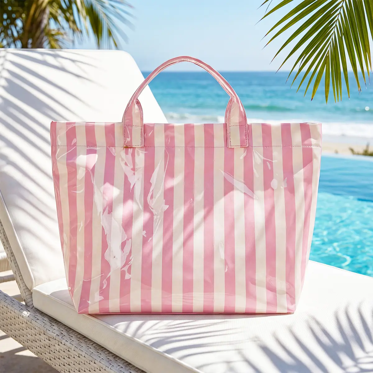 Striped handbag, tote bag, large size, glossy striped handbag, waterproof handle bag, plastic handbag, suitable for beach leisure travel, work bag