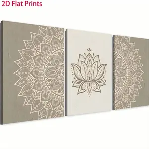 2D Flat Canvas Art Set, Wooden Frame Mandala Lotus Design, Perfect for Quiet Living Room or Bedroom, Halloween Gift for Art Lovers
