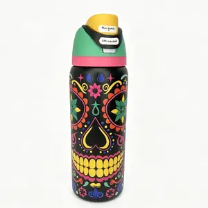 Owala FreeSip Water Bottle, Colorful Sugar Skull Print, Insulated Stainless Steel Tumbler with Lockable Lid, Leak-Proof for Gym & Travel