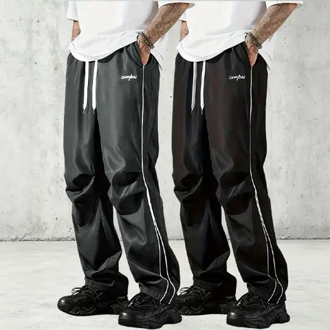 Men's Casual Wide-Leg Long Trousers - Simple Menswear Activewear Sports Clothes with White Side Stripes, Elastic Drawstring Waist, Letter Print, Comfortable Fabric