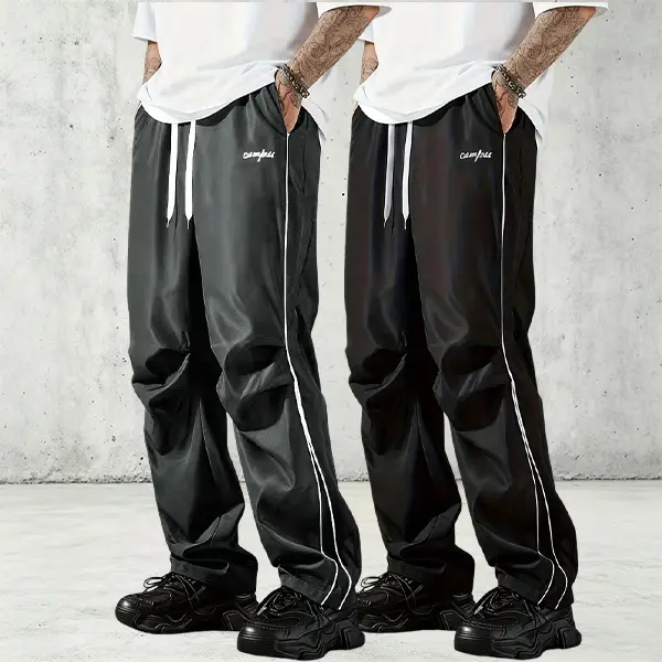 Men's Casual Wide-Leg Long Pants - Minimalist Menswear Activewear Sportswear with White Side Stripes, Drawstring Waist, Letter Print, Comfortable Fabric