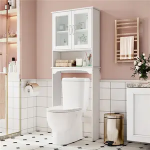 【On sale】Yaheetech Wooden Bathroom Cabinet Over the Toilet Rack, Space-Saving Storage Organizer for Bathroom, Restroom, Laundry Room, with 2-Door Tempered Glass Cabinet and Adjustable Shelf, Sturdy Construction