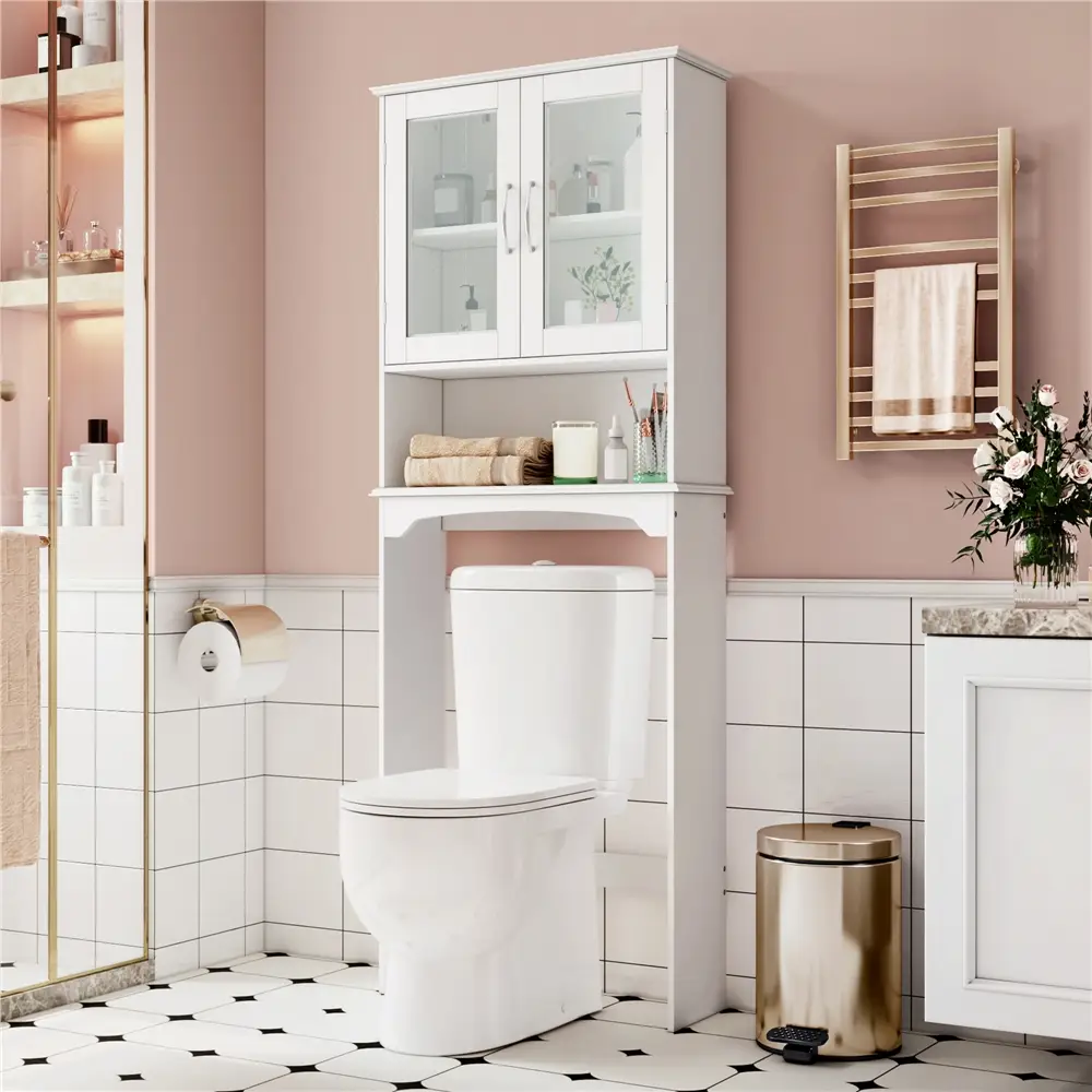 Yaheetech Wooden Bathroom Cabinet Over the Toilet Rack, Space-Saving Storage Organizer for Bathroom, Restroom, Laundry Room, with 2-Door Tempered Glas