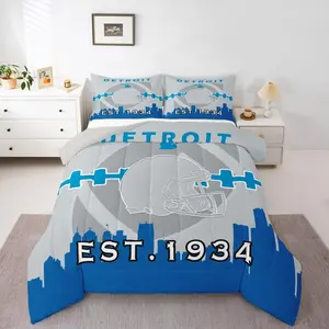 Football City Comforter,Football Bedding Set,Youth,Blue Grey Rugby Comforter Sets,Sports Ball Game Duvet Insert,(Detroit)