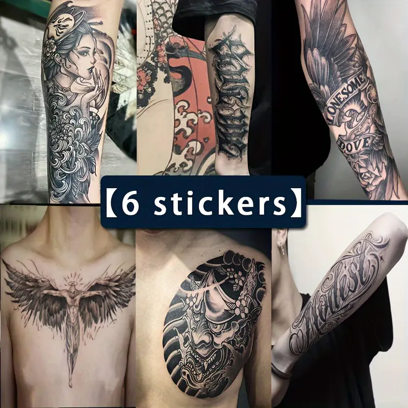 6 Large Herbal Tattoo Stickers, Including 1 Geisha, 2 Mexican Style Calligraphy, 1 Wing, 1 Angel, 1 Traditional Element, Lasting for 7-15 Days, Waterproof and Anti-Friction, realistic Effect, Suitable for People Who Don't Want to Get a Tattoo