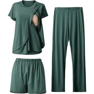 Maternity 3-Piece Crew Neck Nursing Pajamas Set - Soft Casual Maternity Breastfeeding Pjs, Pregnancy Postpartum Outfits Sleepwear Loungewear Layer