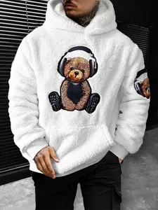 Men's Fall Winter Fleece Hoodie with Earphone Bear Print, Long Sleeve Loose-Fitting Pullover, Casual H-Type Sweatshirt