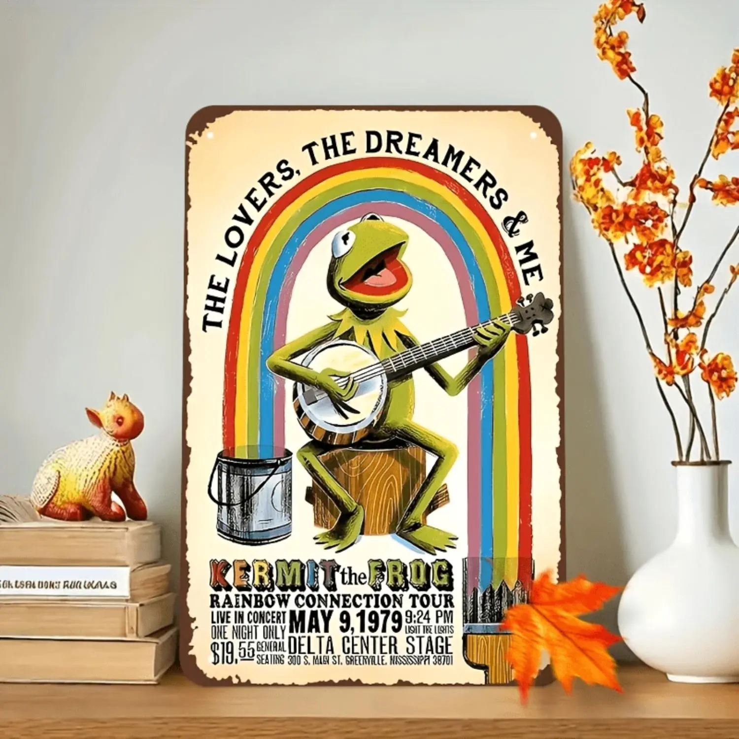12 in Artistic 2D Flat Kermit Frog Rainbow Tour Metal Poster - Vintage-Inspired Frameless Animal Motif Wall Art, Home & Office Decor, Ideal Holiday Gift (Kermit Playing Banjo) by