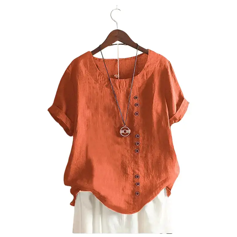 Women's Plus Size Cotton-Linen Casual Loose-Fit Short-Sleeve Round Neck Blouse, Sports & Outdoor Women's Clothes