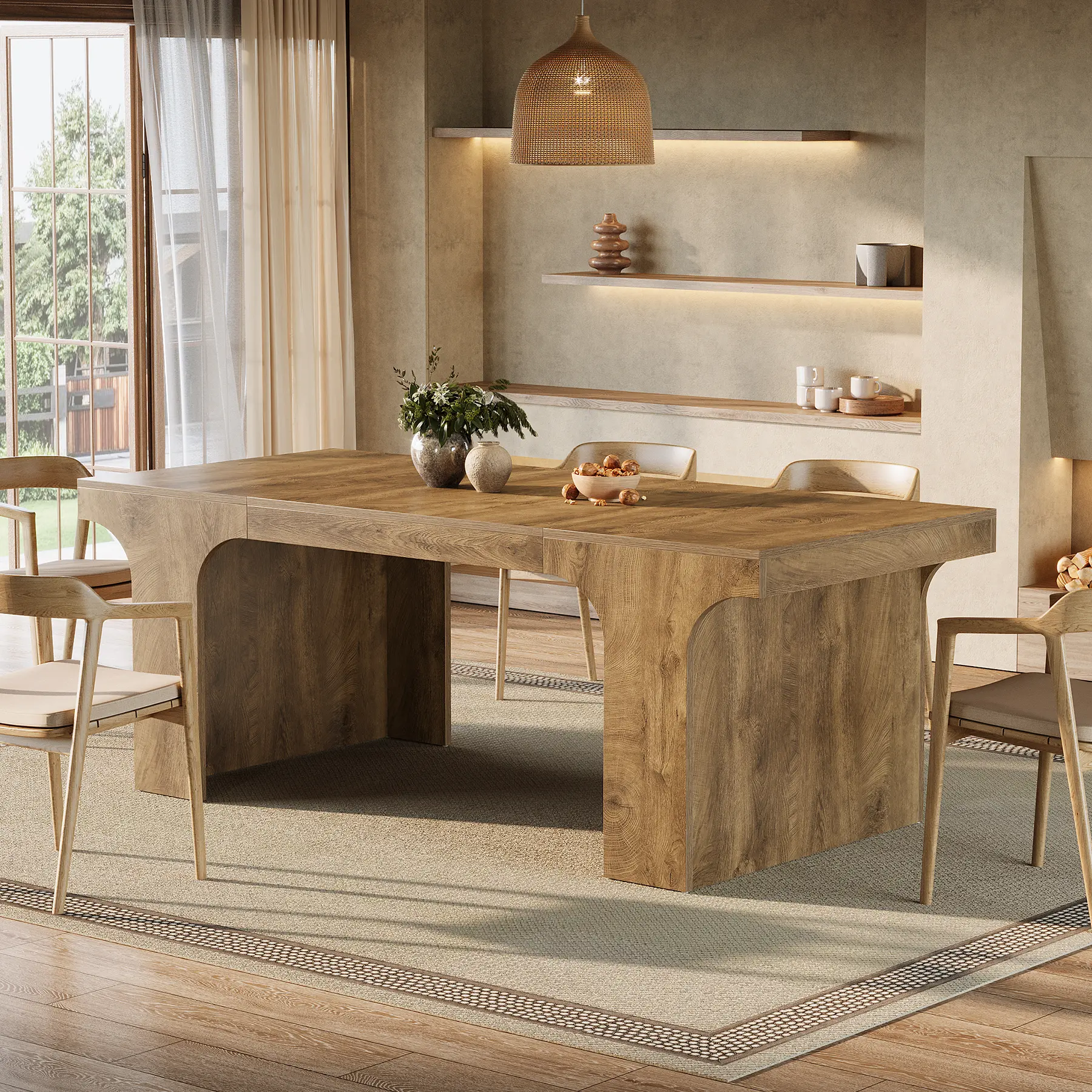 Tribesigns 71-Inch Wooden Dining Table, Arched Design, Rectangular Kitchen Furniture for 6-8, Natural Wood Grain