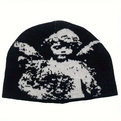 Angel Jacquard Knitting Beanie Black & White Edgeless Skull Cap Fitted Hat Beanie Winter Hat for Women & Men Gothic Beanie Fashion Beanie for Everyday & Formal Events Beanies Knitted Beanie Hat Knit Hats