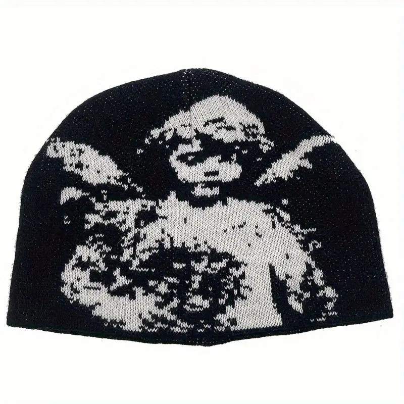 Angel Jacquard Knitting Beanie Black & White Edgeless Skull Cap Fitted Hat Beanie Winter Hat for Women & Men Gothic Beanie Fashion Beanie for Everyday & Formal Events Beanies Knitted Beanie Hat Knit Hats