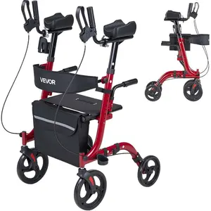 VEVOR Rollator Walker with Seat for Seniors, Foldable Rolling Walker, Lightweight Aluminum Mobility Walking Aid with PVC Solid Wheels, Adjustable Handle, Storage Bag, Cup/Cane Holder - Supports 300LBS