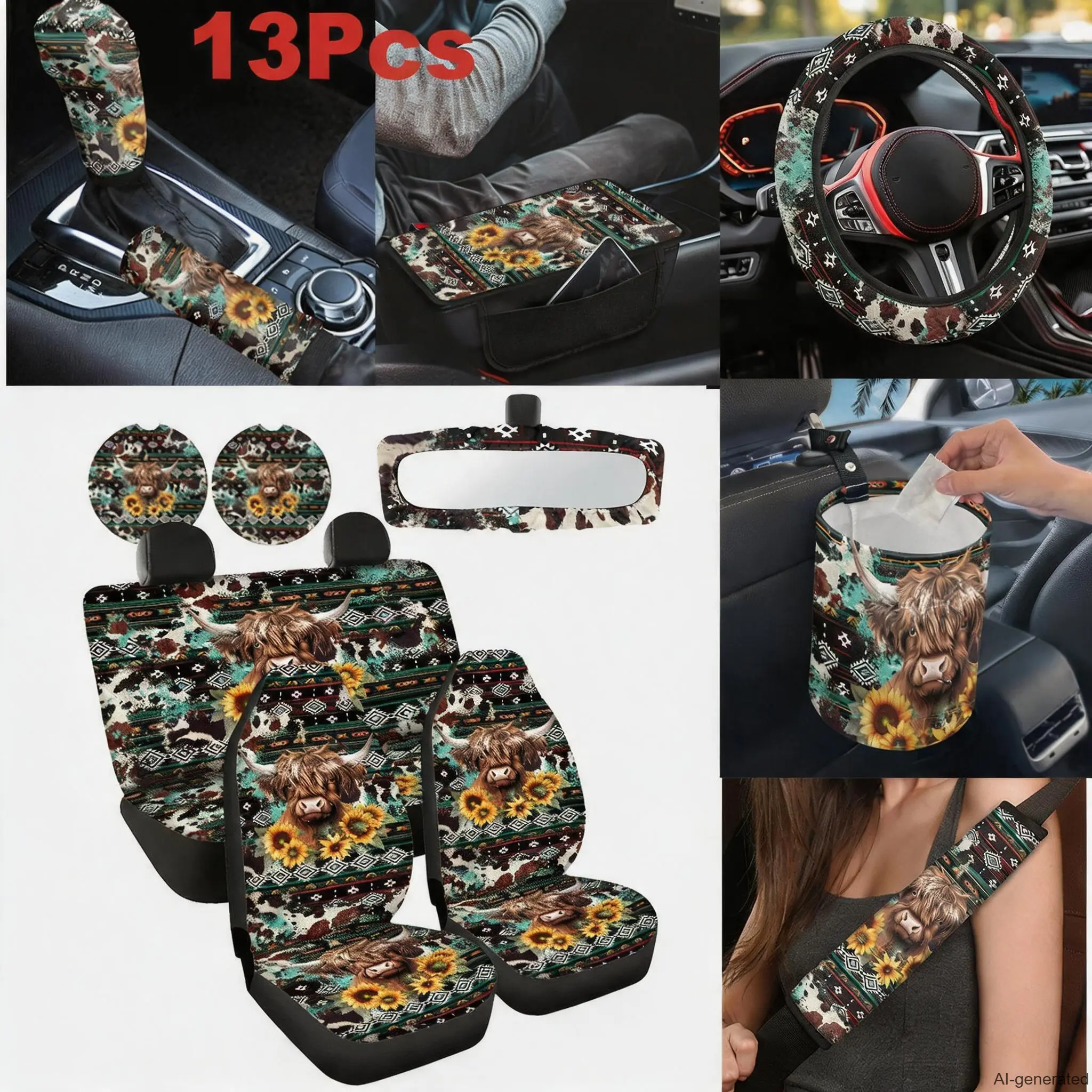 Highland Cow Car Seat Covers Full Set, Western Aztec Accessories Set for Women Men, Steering Wheel Cover + Coasters + Armrest Seatbelt Pads + Trash Bag, Fit Most Sedan Auto Decoration Interior