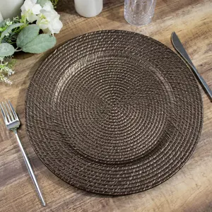 6-Pack Acrylic Charger Plates 13" Round Natural Brown with Rattan-Like Design - Farmhouse Disposable Plastic Charger Tableware