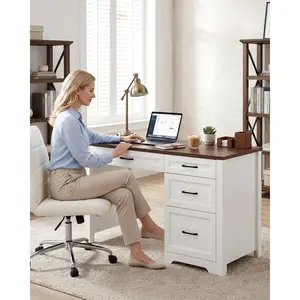 Farmhouse Executive Desk with Drawers & File Cabinet – Compact 2-in-1 Writing Desk for Small Home Office, Bedroom, or Study