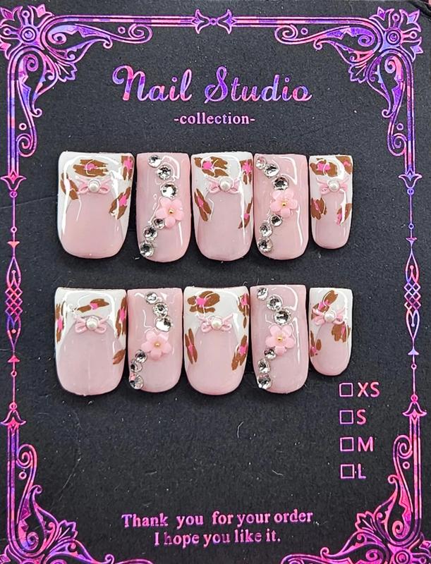Custom Leopard Print French Tip Nails Set for Nail Art - Short Square Pink and White Press Ons
