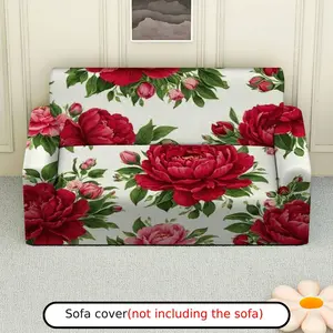 1Pc Floral Pattern Peony Red Green White Sofa Cover - Soft, Breathable with Elastic Fit, Machine Washable, Christmas Perfect for Living Room & Study Decor, Sofa Covers for Living Room.