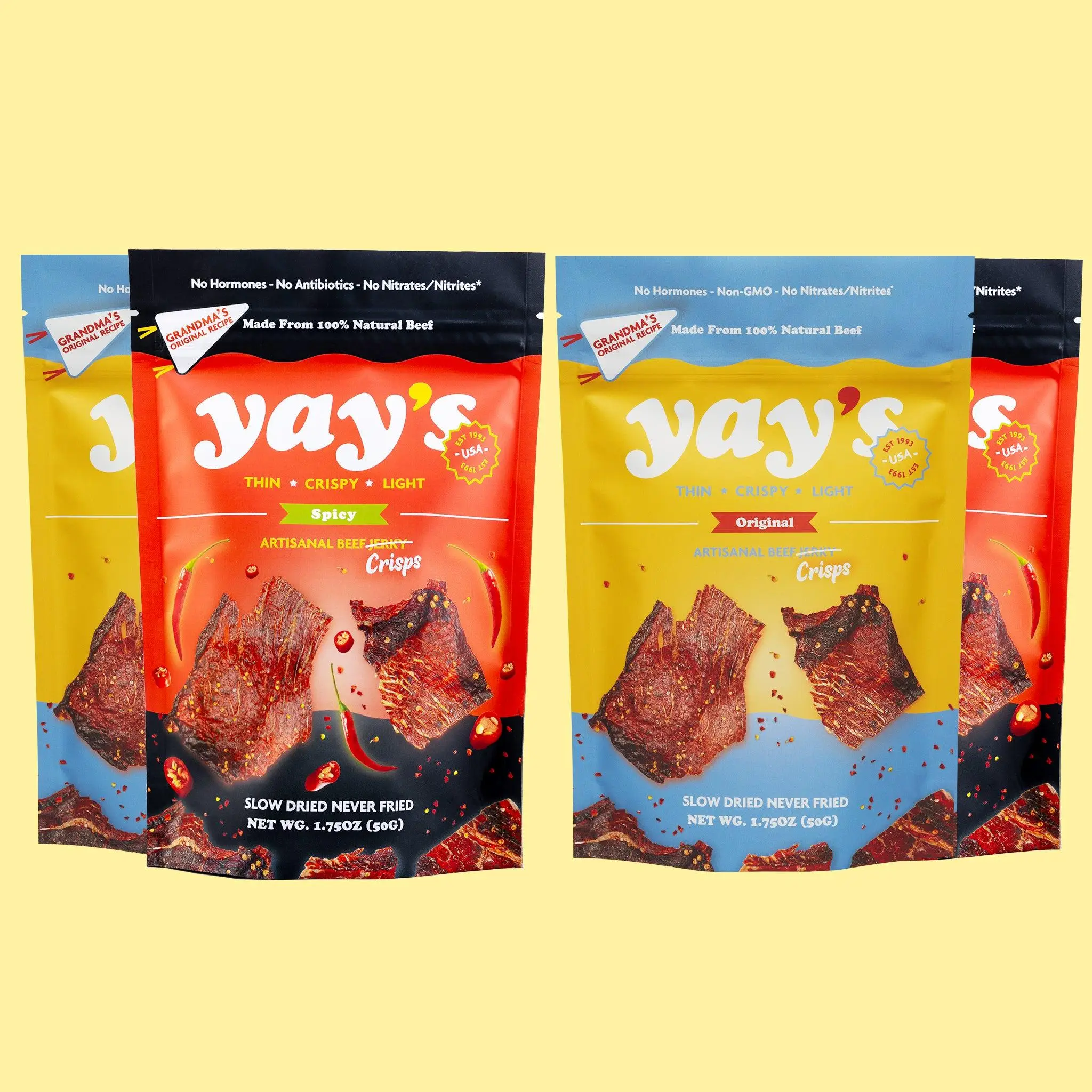 Yay's Variety Snack Pack 2 Spicy 2 Mild Artisanal Beef Dried Meats Slow Dried Never Fried Sweet Savory Flavors 100% USDA PRIME MEAT