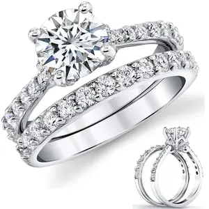 2.5Ct Round-Cut Moissanite Bridal Set Arched Halo Engagement Ring 18K White Gold over Silver
