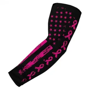 Sports Compression Arm Sleeve Pink Ribbon Cancer Awareness Black Flag