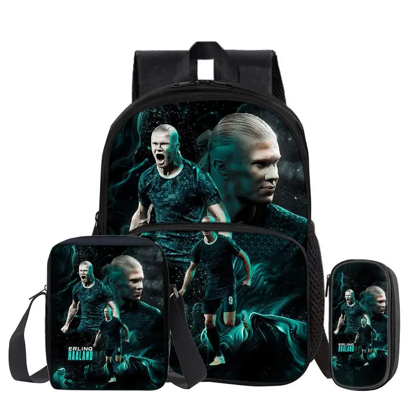 Haaland Football Sports Student School Bags Rucksack 3Pcs set with Front Pocket Backpack Shoulder Bags Football Star Pencil Bag