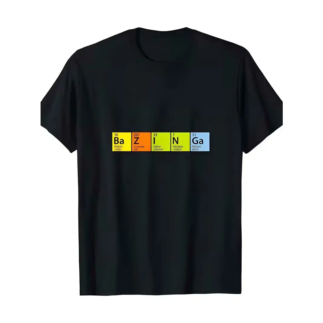 Women's Bazinga Inspired Casual Classic Simple Day Short-Sleeve Black Round Neck Graphic Tee, Colorful Periodic Table Element Design for Science & Humor Fans, Shortsleeve, Breathable, Loose