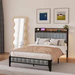 Stylish Grey Upholstered Full Bed, Functional Storage Headboard with Built-In Charging Station, Customizable RGB Lighting via Remote and APP Control, Spacious Under-Bed Organized Space, Stable Durable Frame, Modern Functional Bedroom Decor, No Additional