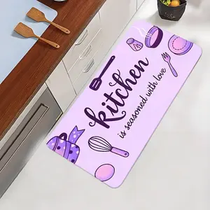 1Pc Purple Cook-Spoon Kitchen-Print Polyester-Diatomite Kitchen Floor Mat, Oil-Resist Stain-Proof Quiet Non-Slip, Cook-Island Full-Scene Machine-Wash, Colorful Décor Multi-Size