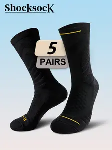 5 Pair Men's Professional Sports Socks, Compression Mid-calf Socks with Functions of Sweat Absorption, Breathability, Anti-slip and Shock Absorption, for Basketball, running, outdoor Sports, Blend of Cotton and Polyester Fiber, black/ white Sokcs