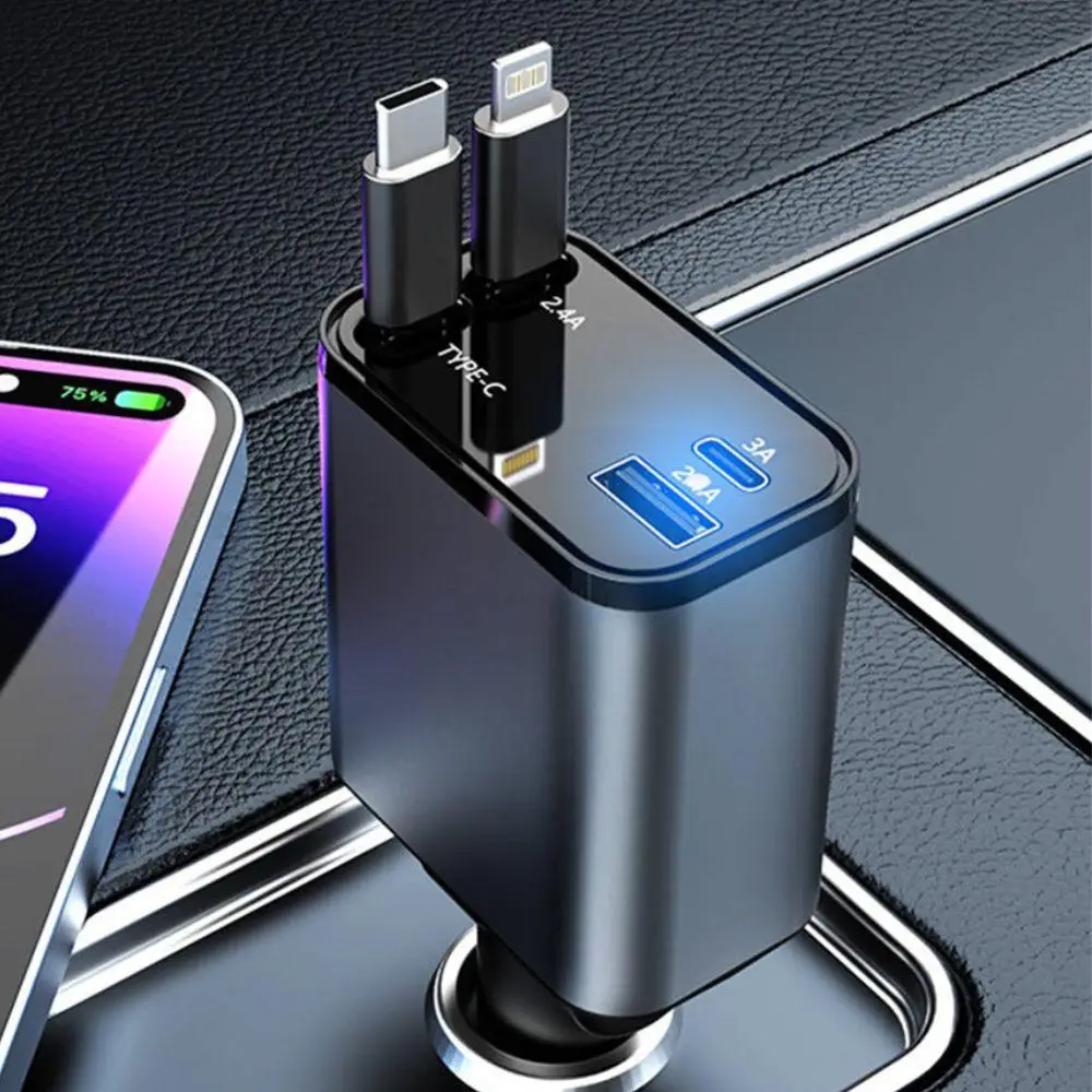 4 In 1 Digital Display Car Charger, Multifunctional Car Charger with USB Ports & Data Cable, Universal Car Charger for iPhone & Android Phone