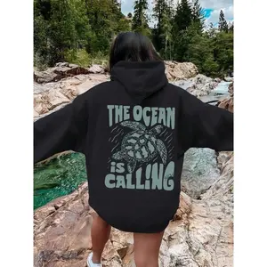 Women'sSeaTurtle&LetterPrintDropShoulderHoodie,FashionCasualDrawstringPocketHoodedSweatshirtforDailyHolidayOutdoorWear,WomenClothingforFall&Winter