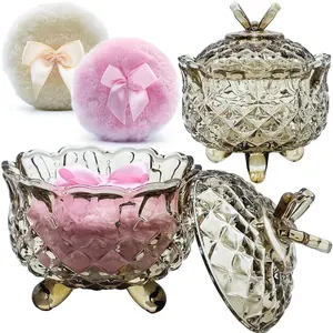 Glass Dusting Powder Container with 2 Fluffy Puffs,Cute 3.5" Soft Body Powder Puff and Jar Set(Butterfly-tawny)