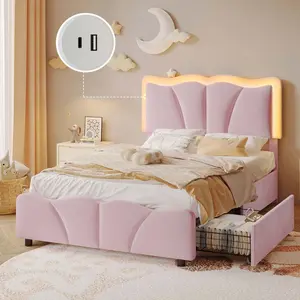 Sikaic Upholstered Platform Led Bed Frame with USB Ports Drawers Pink Furniture Corner Headboard Bedroom Set Bedframe