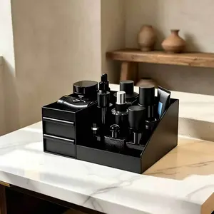 Luxury Black Drawer Organizer for Men - 7 Compartments & 2 Extra-Deep Drawers - Water-Resistant & Washable - Multilayer Storage Solution for Skincare, Fragrances, & Shaving Supplies - Ideal for Bathrooms, Bedrooms, & Offices