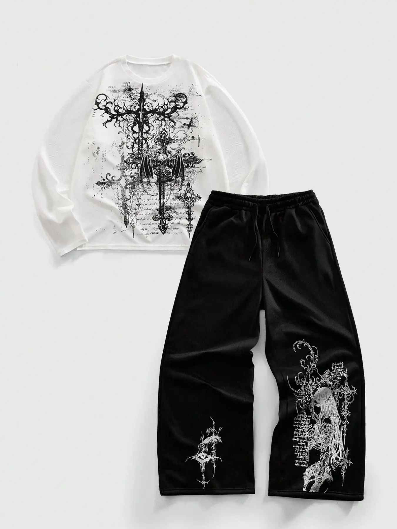 Unisex Gothic Two-Piece Set Outfits with Statement Graphic Prints, Long Sleeve Top and Loose Trousers, Oversized Casual Fashion Wear for Campus or Weekend Outings