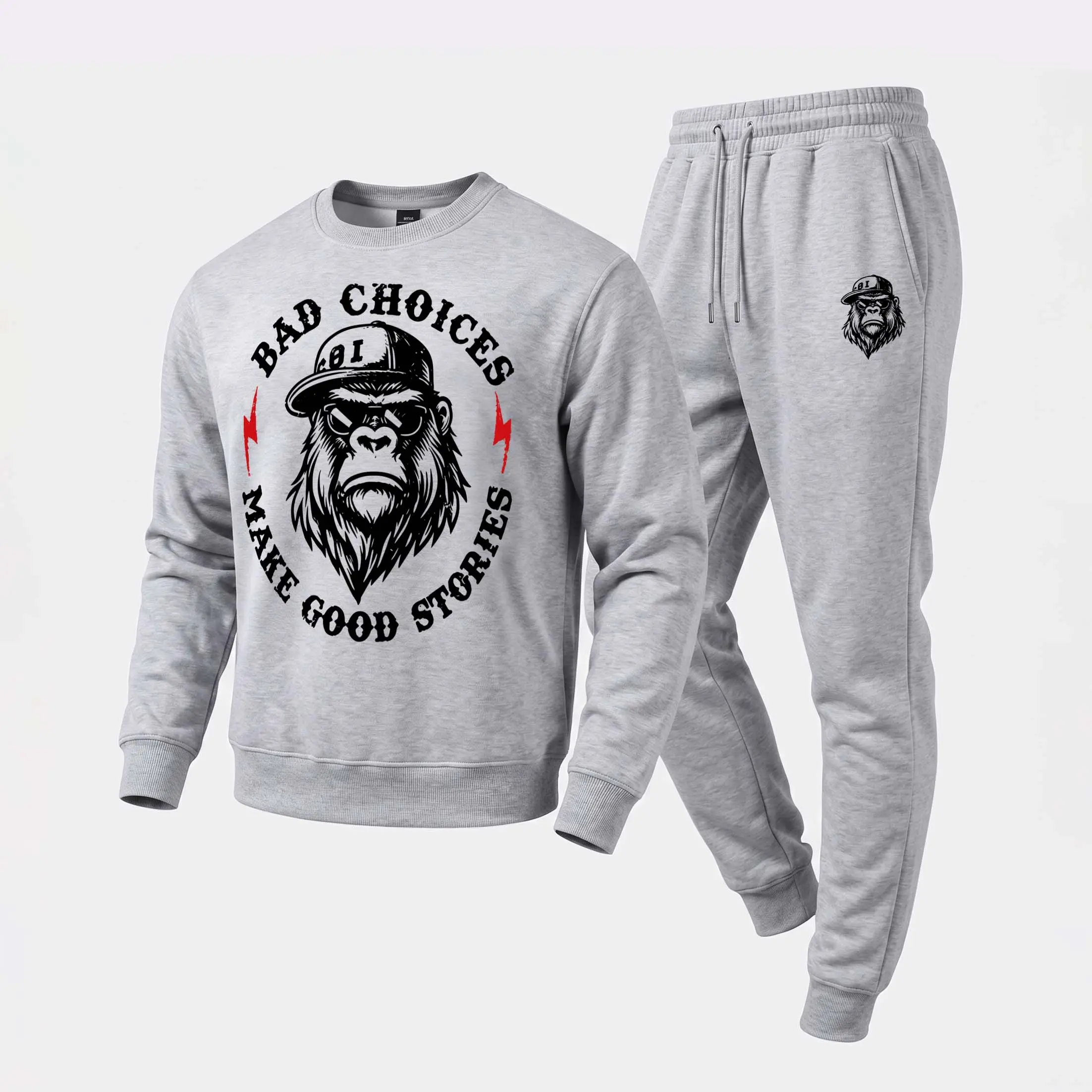 Men's “Bad Choices Make Good Stories” Graphic Crewneck Sweatshirt and Jogger Pants Set, Casual Long Sleeve Pullover with Drawstring Sweatpants, Fall Winter Tracksuit for Daily Wear, Travel, Lounge, Workout and Indoor Outdoor Activities