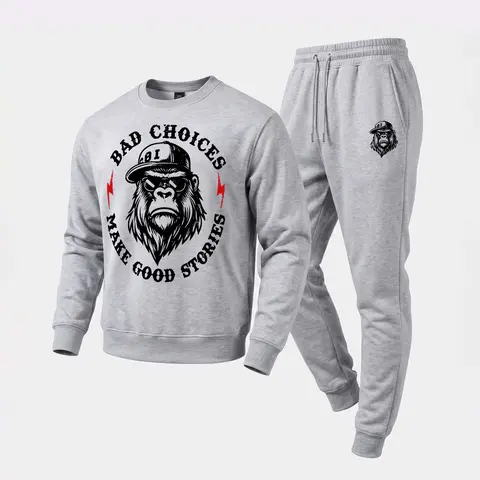 Men's 2-Piece Casual Loose Polyester Mensfashion Graphic Set - Crew Neck Long-Sleeve Pullover Sweatshirt & Drawstring Sweatpants, Hoodie-Inspired Tracksuit for Fall Winter Daily Wear, Lounge