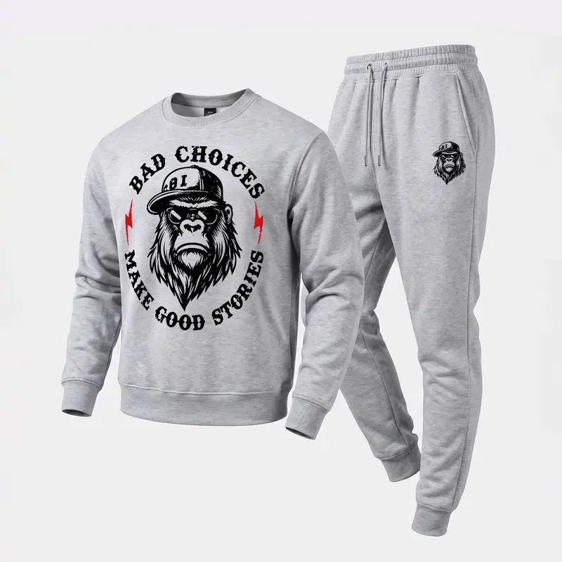 Men's 2-Piece Casual Loose Polyester Mensfashion Graphic Set - Crew Neck Long-Sleeve Pullover Sweatshirt & Drawstring Sweatpants, Hoodie-Inspired Tracksuit for Fall Winter Daily Wear, Lounge