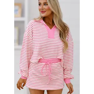 Pink Stripe Collared Pullover Skort Set