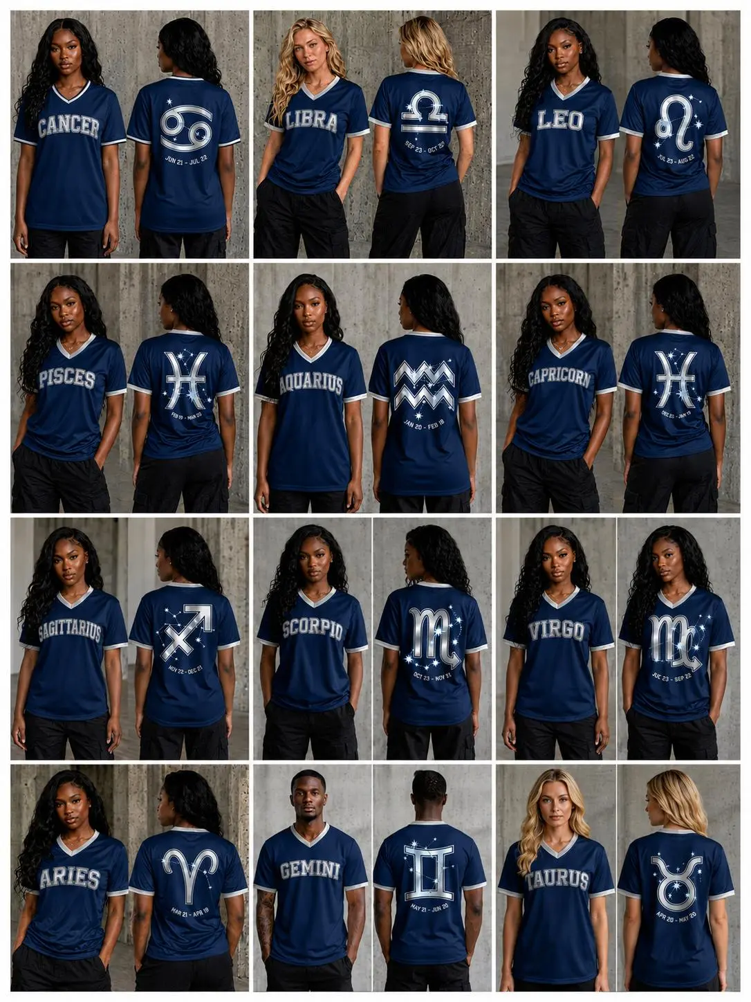 Women’s Soccer Jersey T-Shirt 12 Zodiac Signs, Navy Blue V-Neck Breathable Sports Tee. Athletic Shirt With Silver Constellation Graphics, Unisex Astrology Birthday Gift. Graphic Shirt Featuring Zodiac Signs: Aries, Taurus, Gemini, Cancer, Leo, Virgo,...