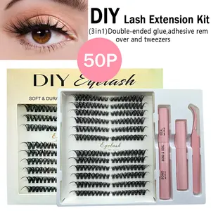 4 in 1 set 216 pcs Fluffy Lash Clusters Eyelash Extensions Kit with Tweezers Bond & Seal 8-16mm Light Volume Wispy Professional Makeup Lashes Easy DIY Non Irritating High Quality 3D Lash Bottom Supplies Set