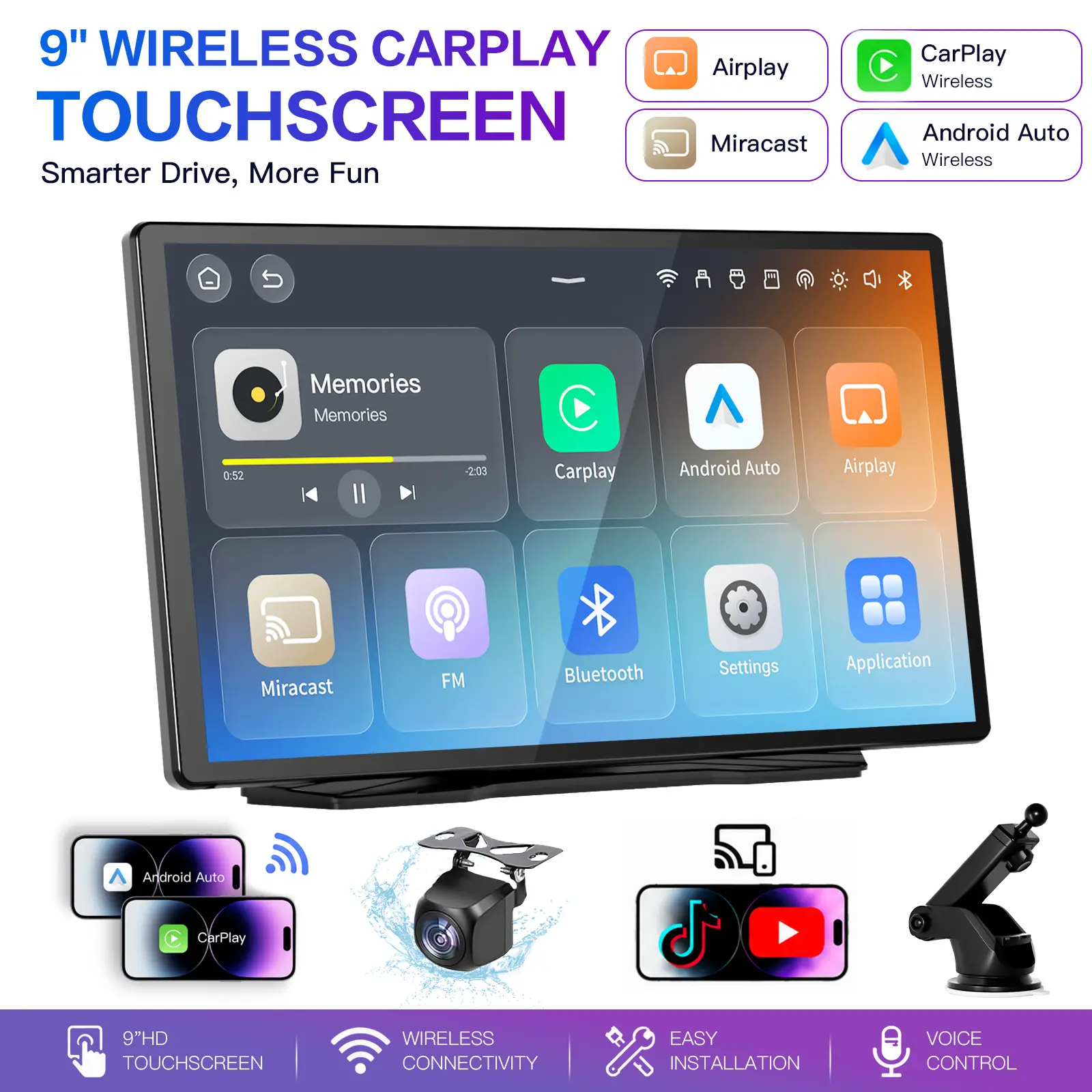 【YMQ】New Upgraded 9" Wireless CarPlay Screen - Portable Touchscreen with CarPlay, Android Auto, GPS, Mirror Link & Rear Camera, Voice Control | Requires Mobile Data, Ignore Other Wi-Fi Networks