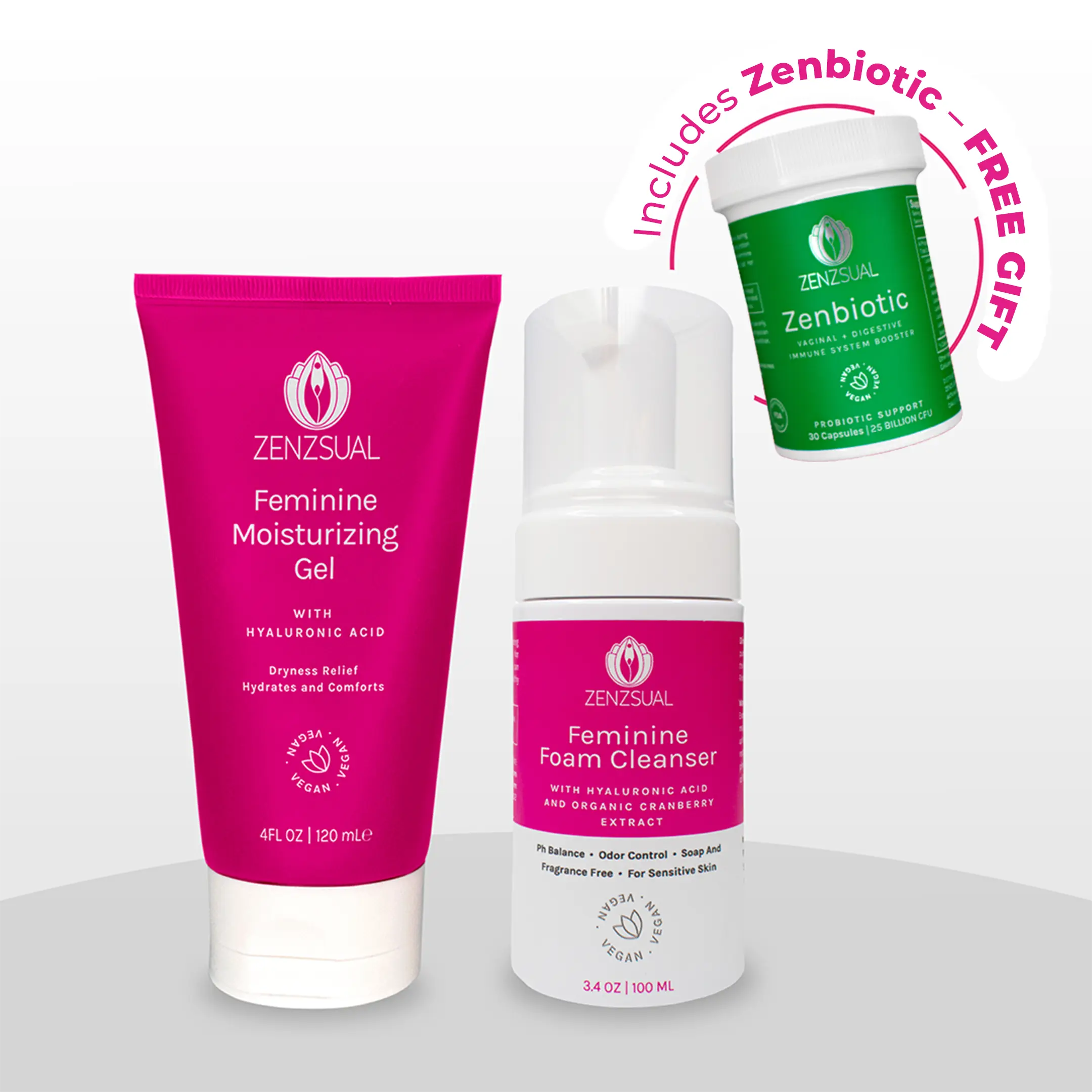 ZENZSUAL pH Balance Kit - Odor control Set with Foaming Cleanser & Hydrating Gel - OB-GYN Approved for Sensitive Skin - Includes Free Zenbiotic Probiotic - Fragrance-Free & Vegan - Feminine Wellness System - Moisturizing - Chamomile - Yeast