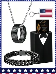 Father's Day gift set, 5-piece stylish dad ring and necklace set, Jewelry Set with exquisite gift box and American flag keychain, birthday and anniversary gift