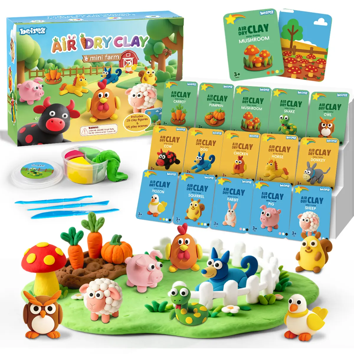 BEIREG Air Dry Clay for Kids - 15Pcs Farm Animals & Vegetables Kit with 5 Tools & 15 Tutorial Cards, Ultra Soft Non-Toxic DIY Modeling Clay for Boys Girls Ages 3-12, Perfect for School Projects & Party Favors, Parents, Teachers, Girl, Holidays