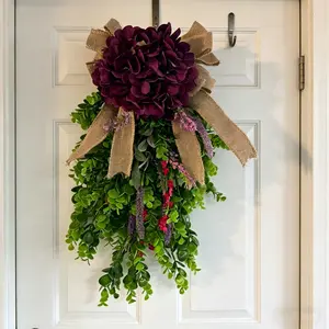 Elegant Deep Hydrangea Water Drop Wreath, Eucalyptus and Lavender with Burlap Bow, Rustic Fall Porch and Thanksgiving Decor, Home Decor Ornament, Decorative Flower Wreath
