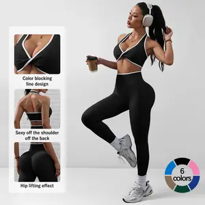 Hijesse Women's High Elasticity Sheer Sports Bra + Leggings 2 Pieces Set, Halter Neck Backless Sports Bra, High Waist Tummy Control Peach Butt Solid Color Leggings, Suitable For Running, Yoga, Gym, Outdoor, Casual & Leisure