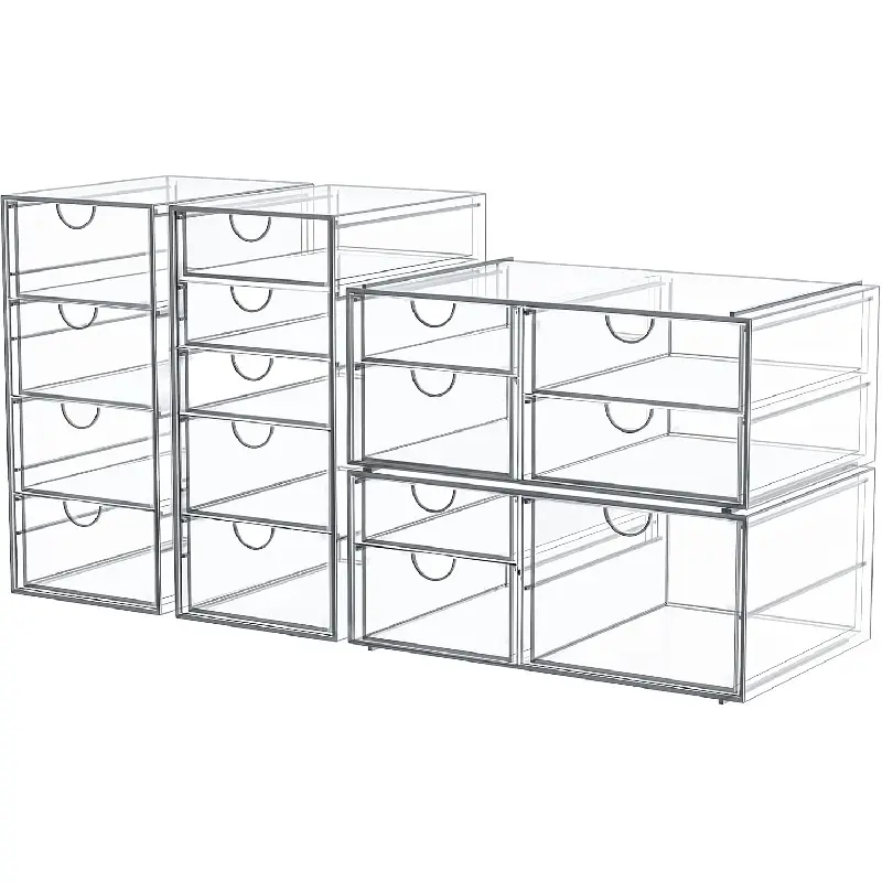 Makeup Organizer Storage With 16 Drawers, 4 Pcs Desktop Office Supplies, Desk Organizers, Clear Accessories, Dustproof Drawer and for Make Up, Jewelry, Pen, Stationary